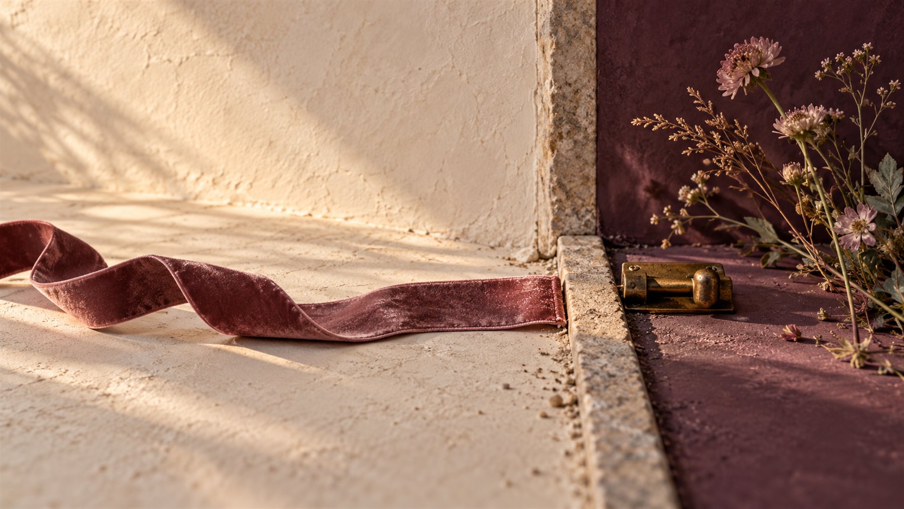 A velvet ribbon stopping at a stone threshold beside a brass latch and wildflowers