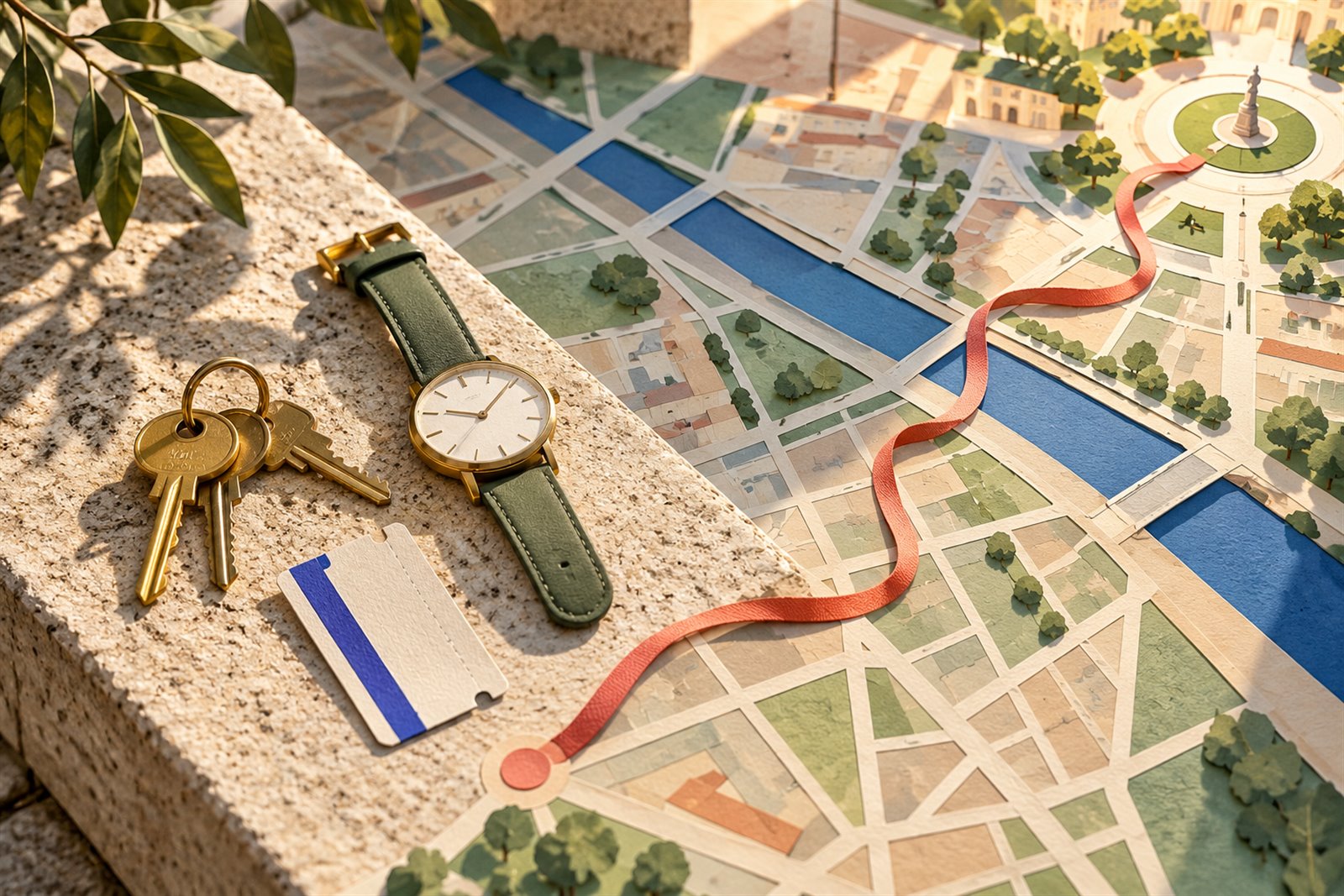 Keys, a watch and a ribbon route across a paper city map