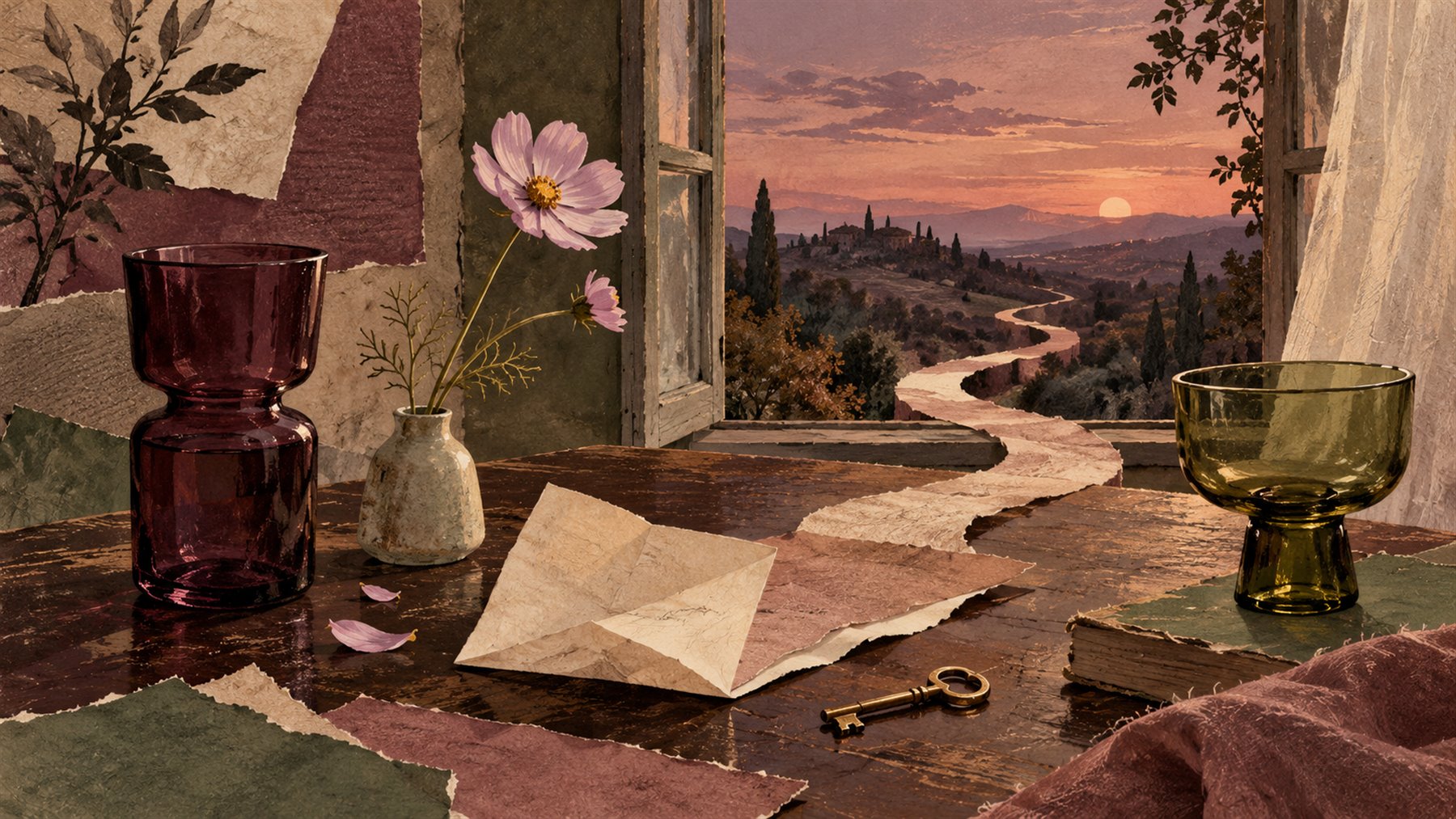 A mixed-media still life with an open window, a winding paper path, flowers, and a key